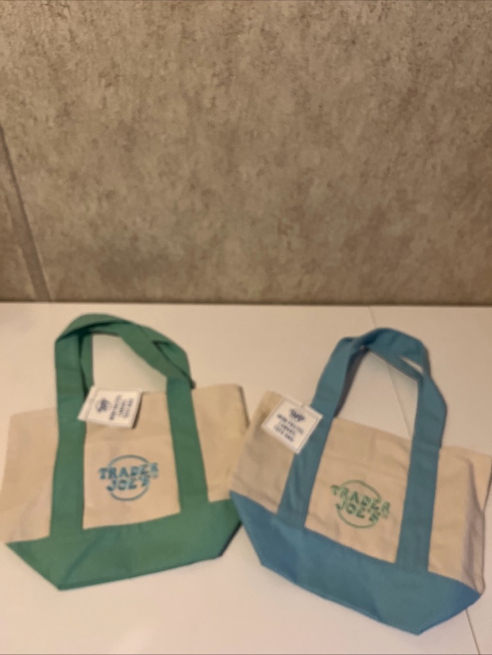 Trader Joes Mini Tote Shopping Bags Pastel Canvas Set of 2-Mint and Blue NWT